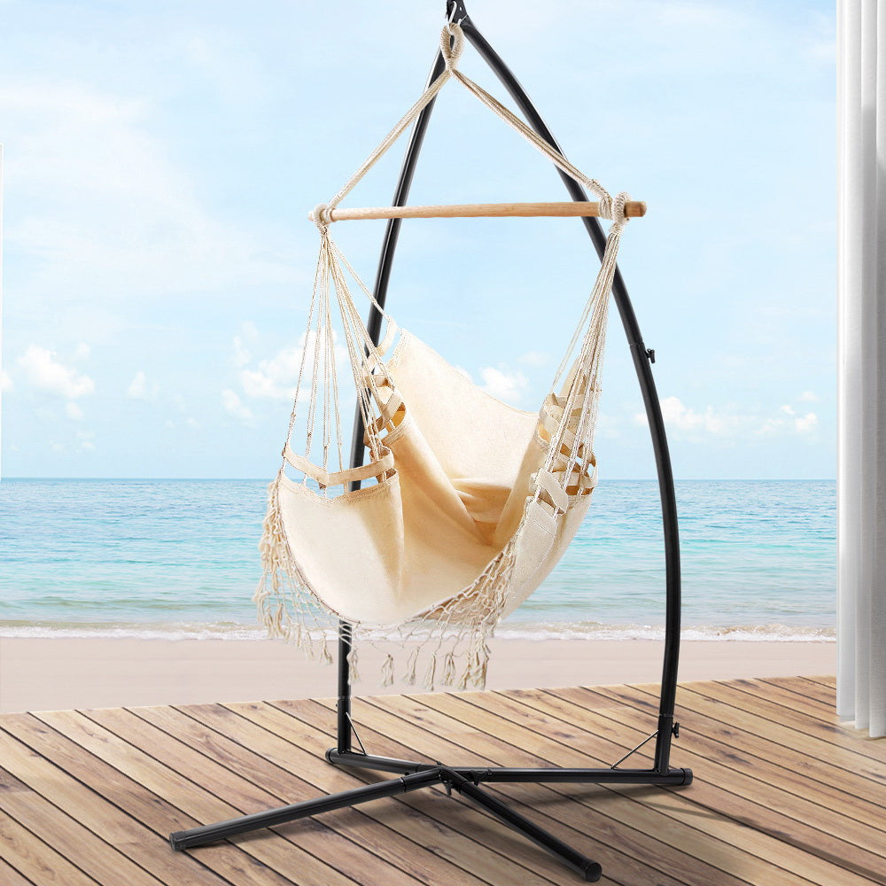 Gardeon Outdoor Hammock Chair with Steel Stand Tassel Hanging Rope Hammock Cream-7