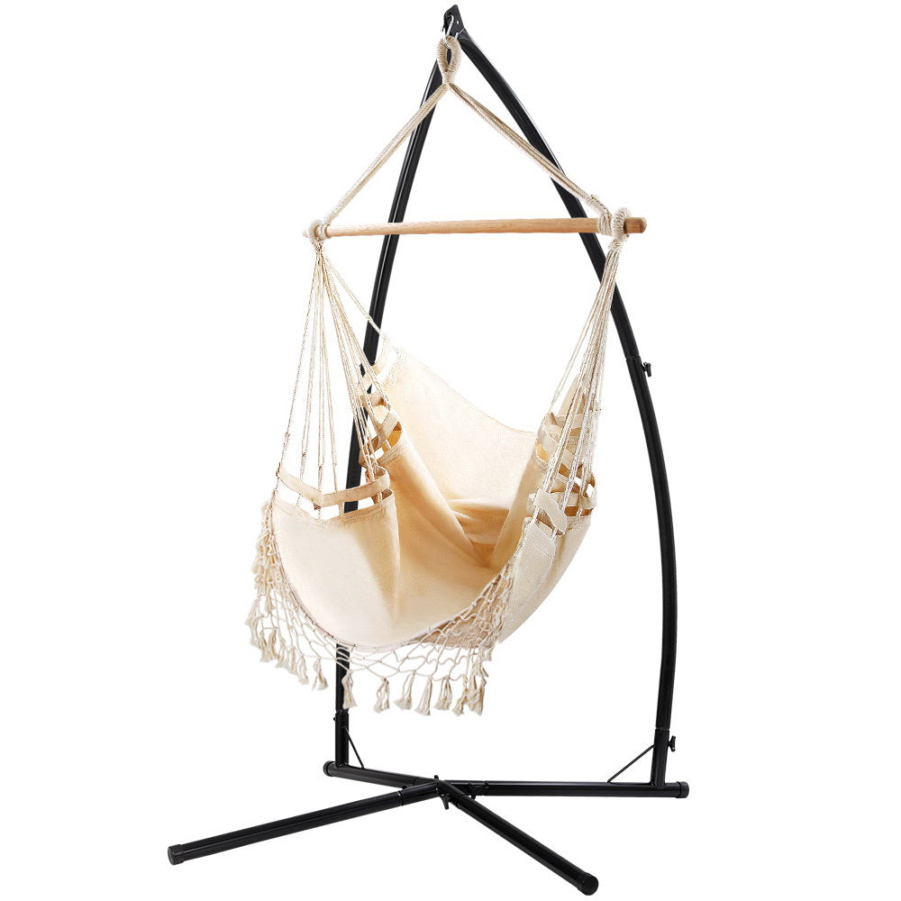 Gardeon Outdoor Hammock Chair with Steel Stand Tassel Hanging Rope Hammock Cream-0