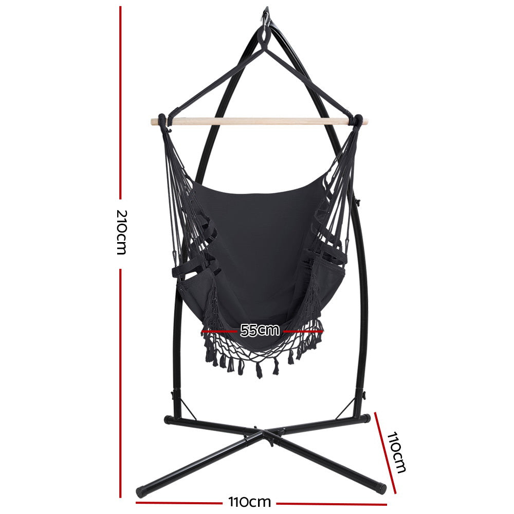 Gardeon Outdoor Hammock Chair with Steel Stand Tassel Hanging Rope Hammock Grey-1