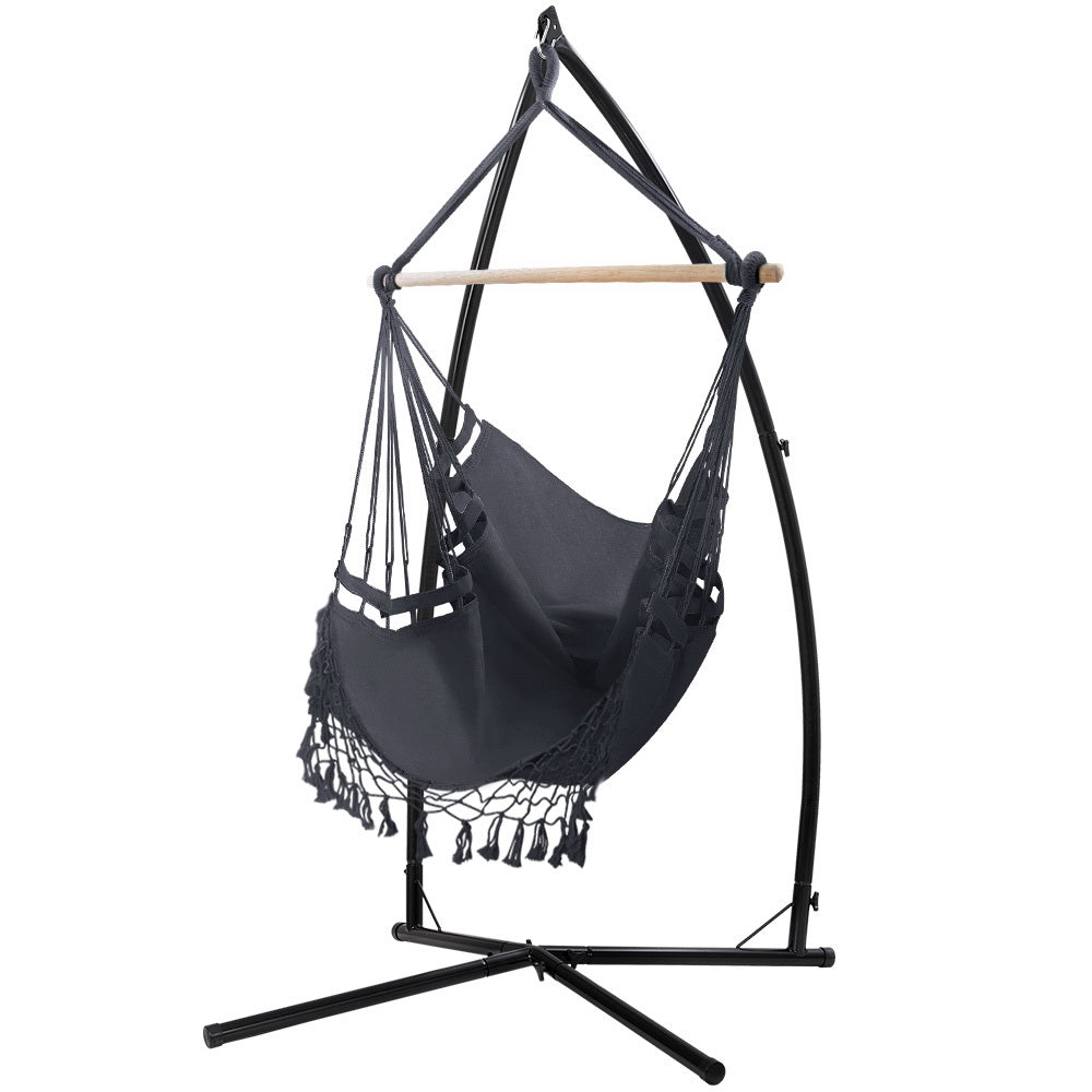 Gardeon Outdoor Hammock Chair with Steel Stand Tassel Hanging Rope Hammock Grey-0