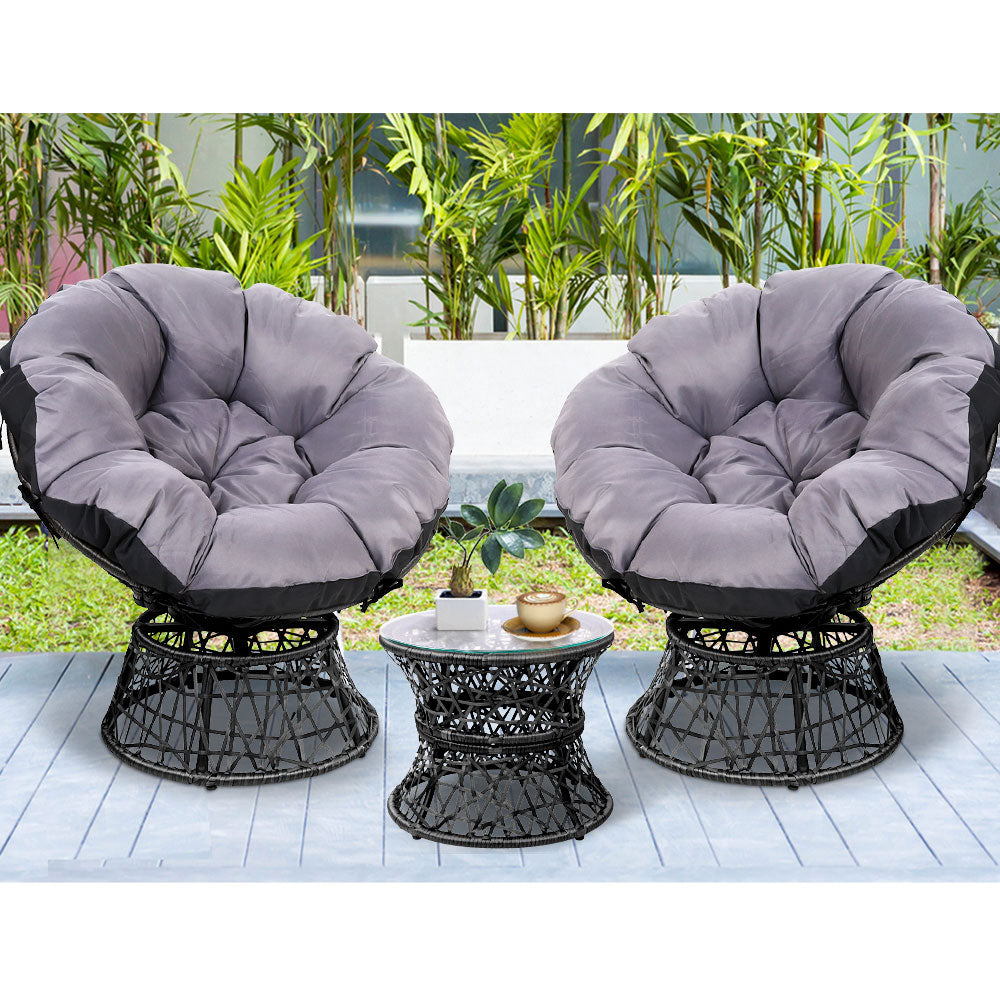 Gardeon Outdoor Lounge Setting Papasan Chairs Table Patio Furniture Wicker Black-11