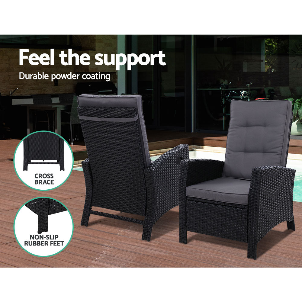 Gardeon Outdoor Setting Recliner Chair Table Set Wicker lounge Patio Furniture Black-9