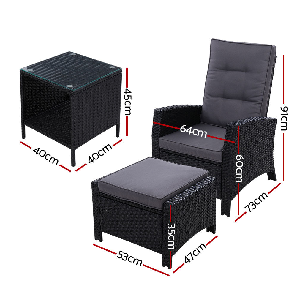 Gardeon Outdoor Setting Recliner Chair Table Set Wicker lounge Patio Furniture Black-1