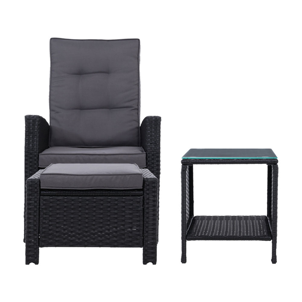 Gardeon Outdoor Setting Recliner Chair Table Set Wicker lounge Patio Furniture Black-2