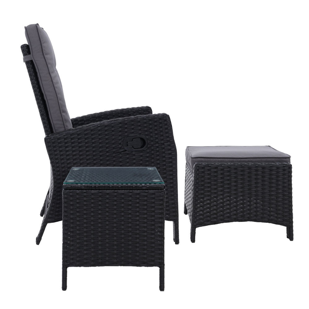 Gardeon Outdoor Setting Recliner Chair Table Set Wicker lounge Patio Furniture Black-3