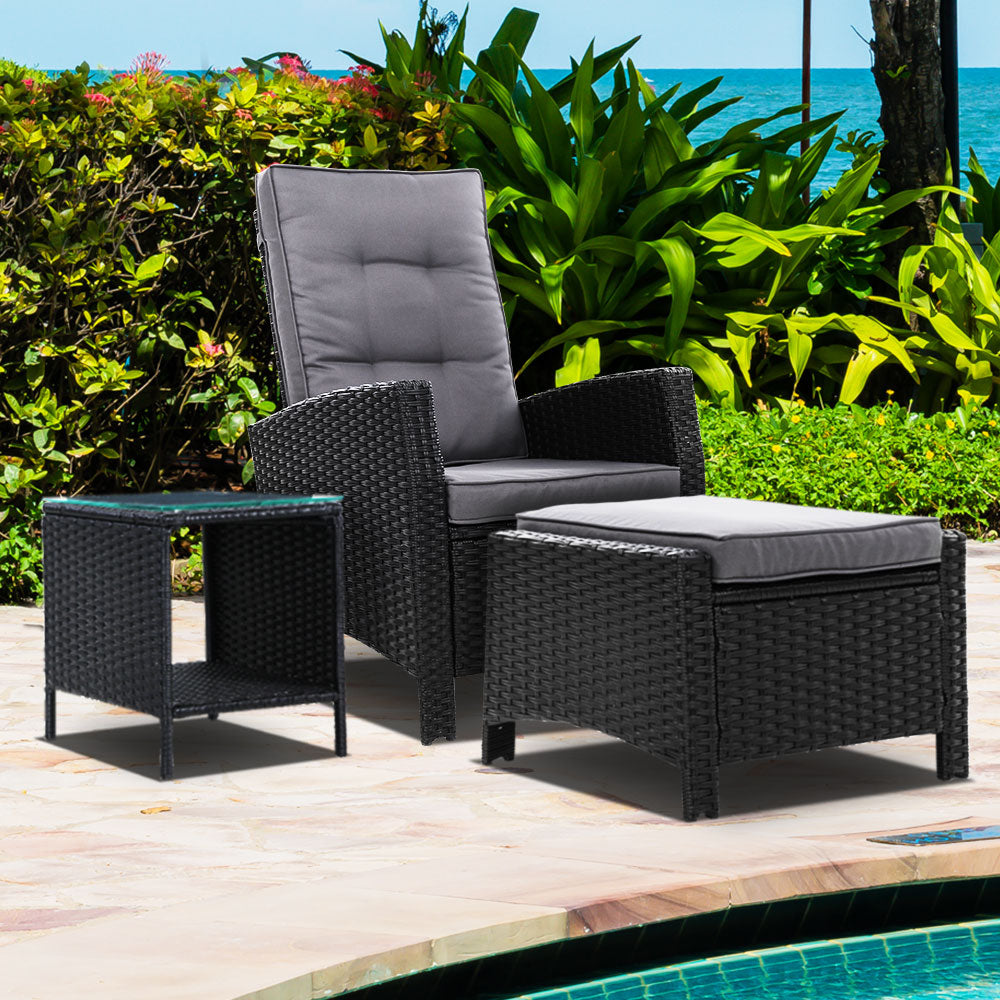 Gardeon Outdoor Setting Recliner Chair Table Set Wicker lounge Patio Furniture Black-7