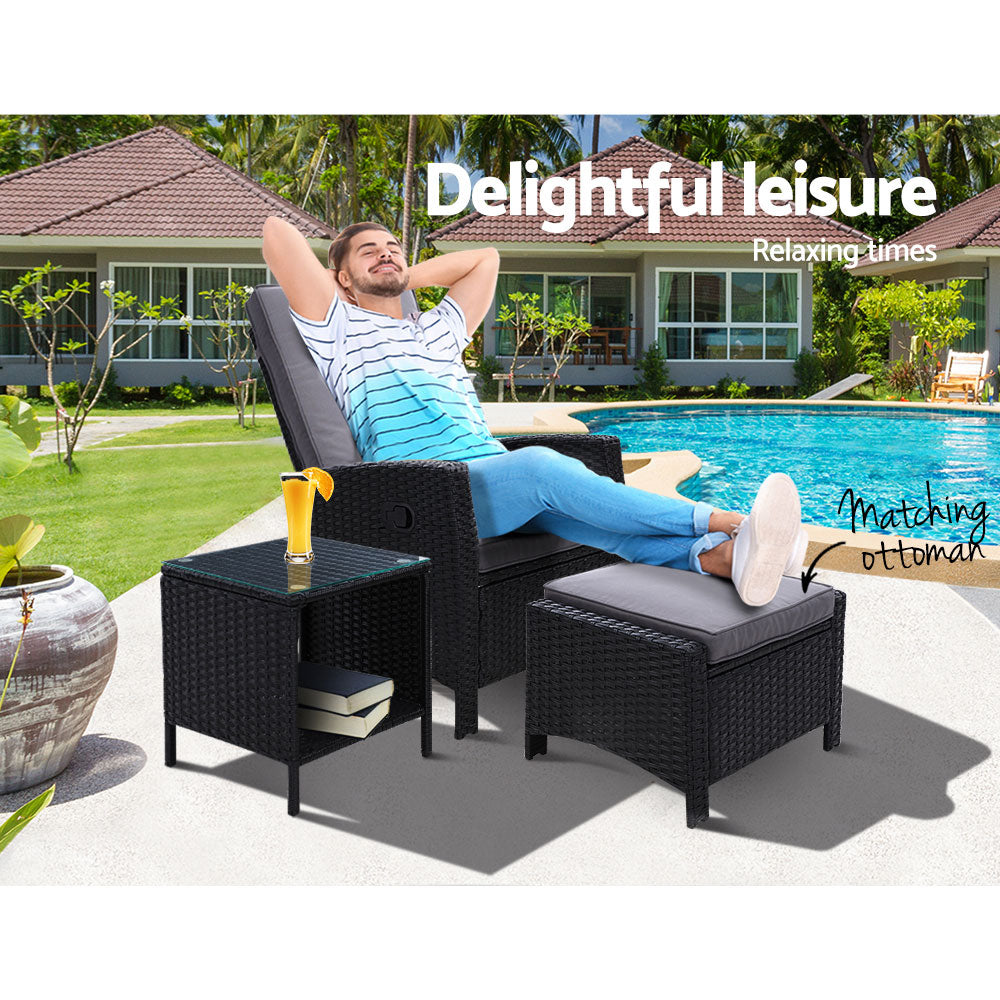 Gardeon Outdoor Setting Recliner Chair Table Set Wicker lounge Patio Furniture Black-8