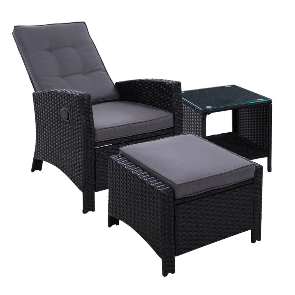 Gardeon Outdoor Setting Recliner Chair Table Set Wicker lounge Patio Furniture Black-0