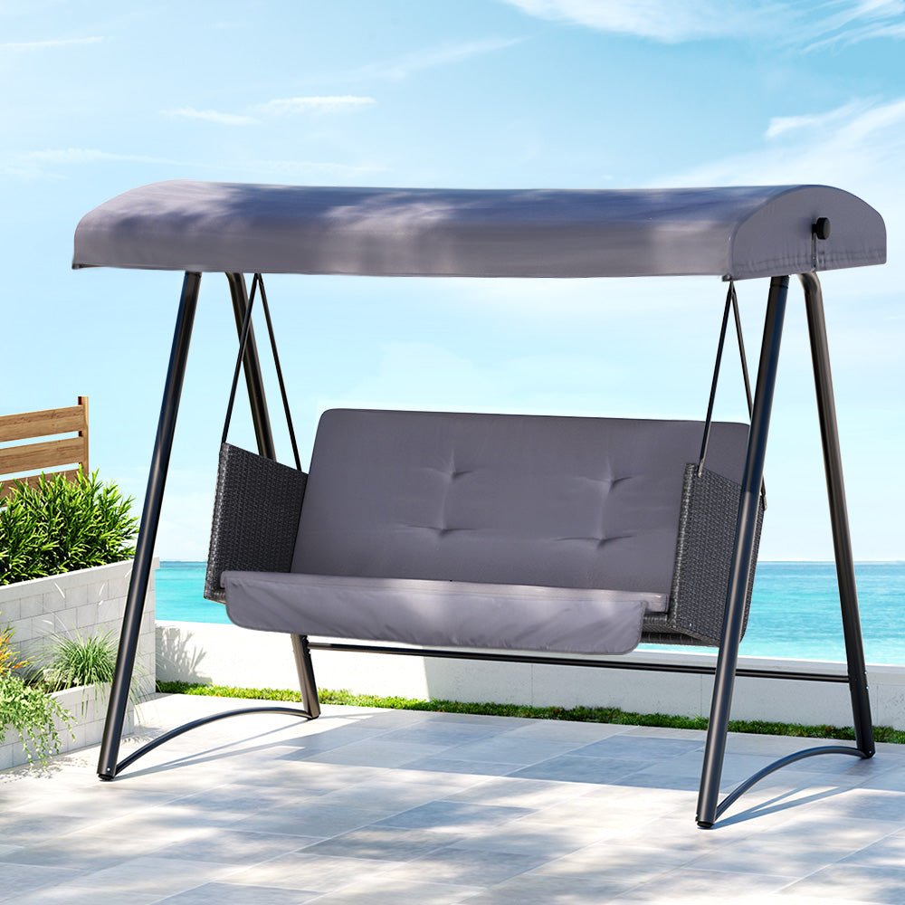 Gardeon Rattan Swing Chair with Canopy Outdoor Garden Bench 3 Seater Grey-5