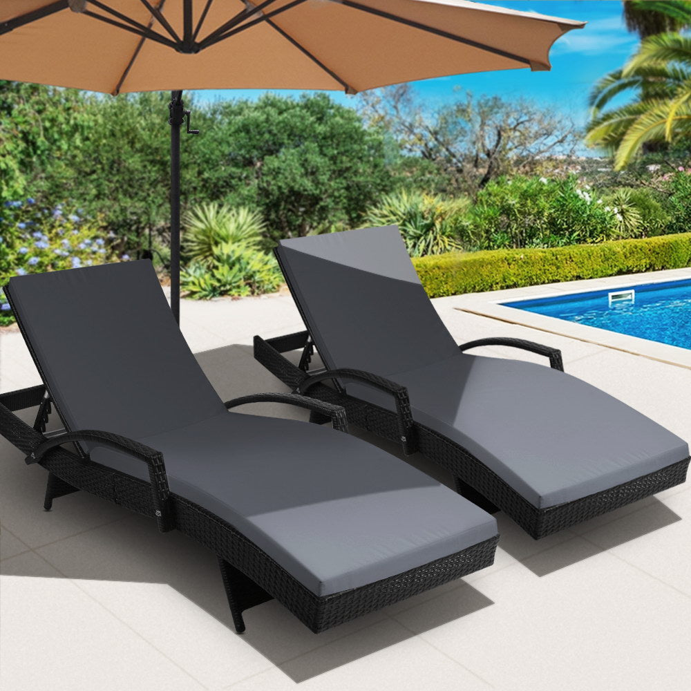 Gardeon Set of 2 Outdoor Sun Lounge Chair with Cushion - Black-7