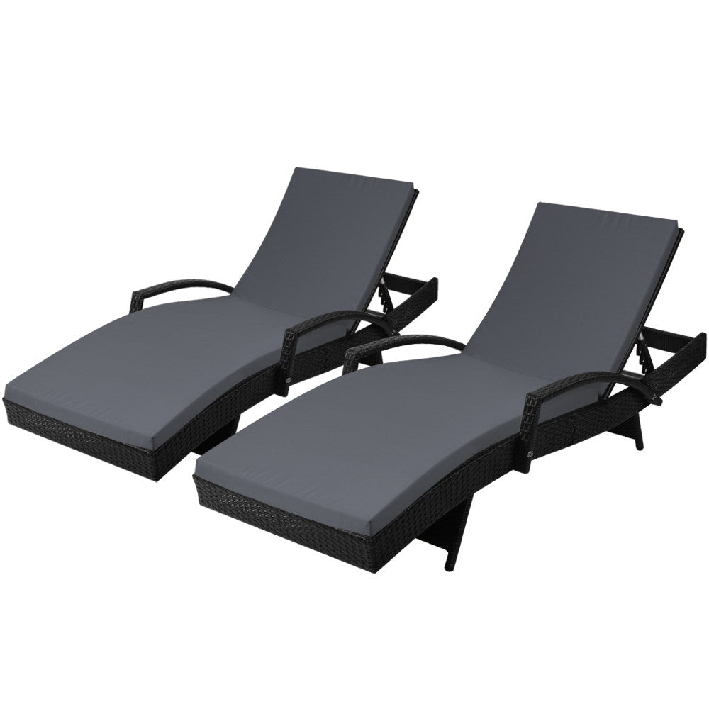 Gardeon Set of 2 Outdoor Sun Lounge Chair with Cushion - Black-0