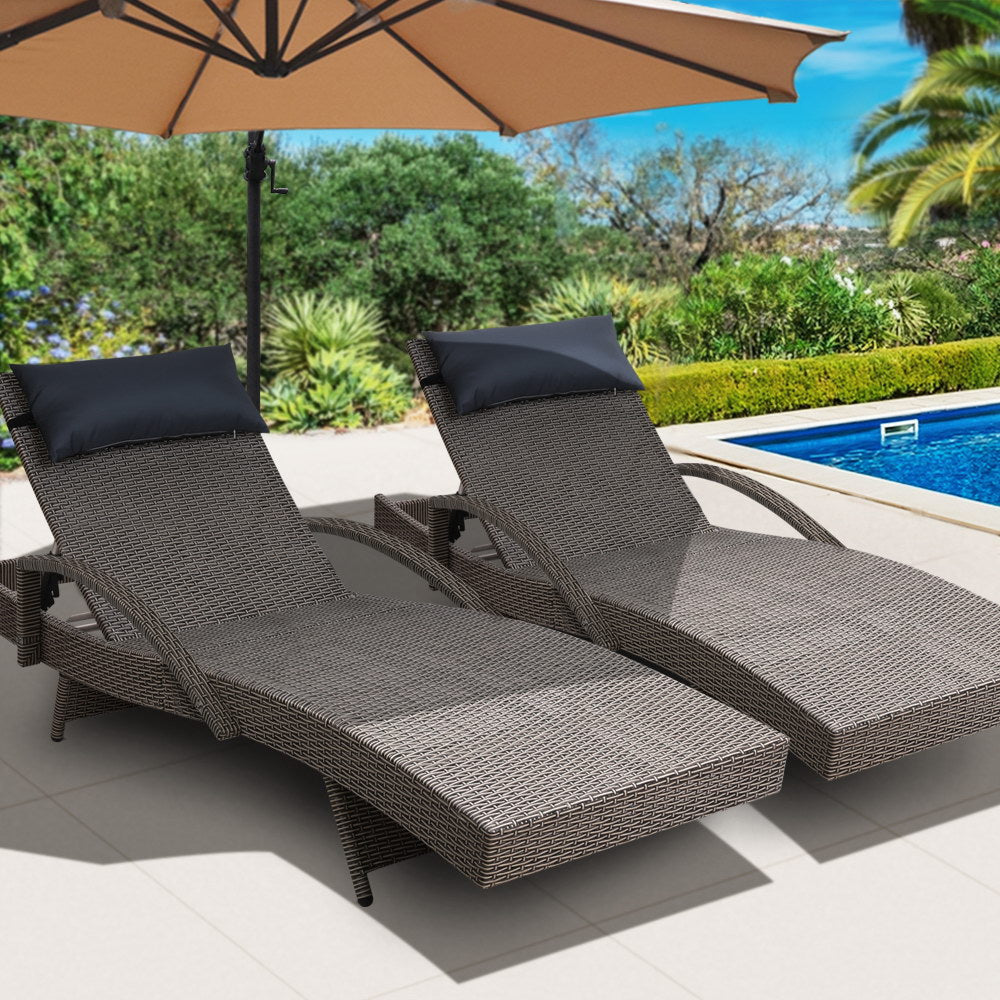 Gardeon Set of 2 Sun Lounge Outdoor Furniture Wicker Lounger Rattan Day Bed Garden Patio Grey-7