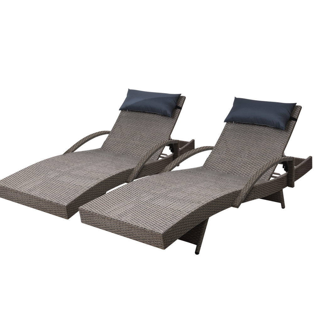 Gardeon Set of 2 Sun Lounge Outdoor Furniture Wicker Lounger Rattan Day Bed Garden Patio Grey-0