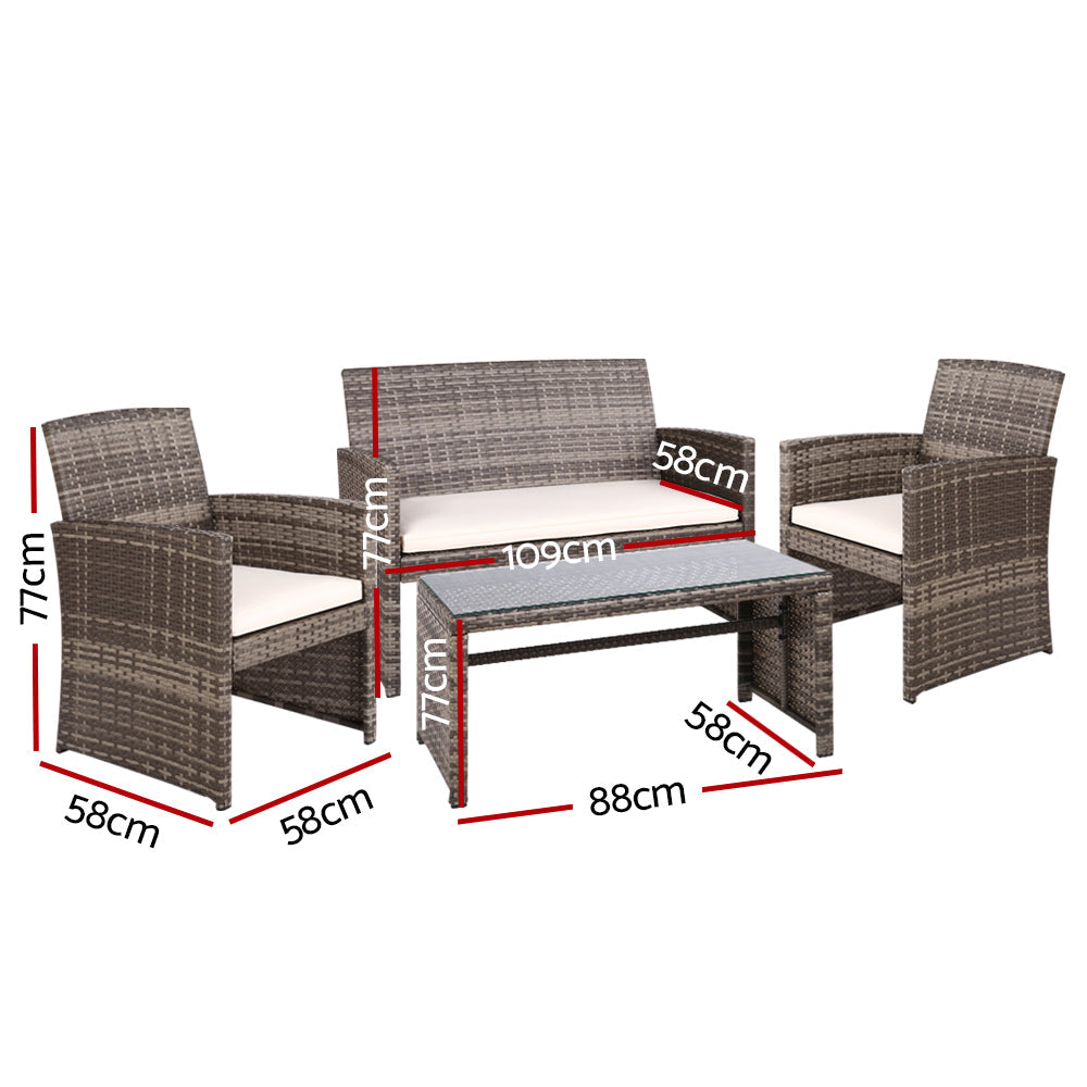 Gardeon Set of 4 Outdoor Lounge Setting Rattan Patio Wicker Dining Set Mixed Grey-1