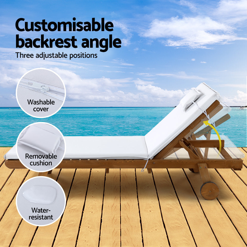 Gardeon Sun Lounge Wooden Lounger Outdoor Furniture Day Bed Wheel Patio White-5