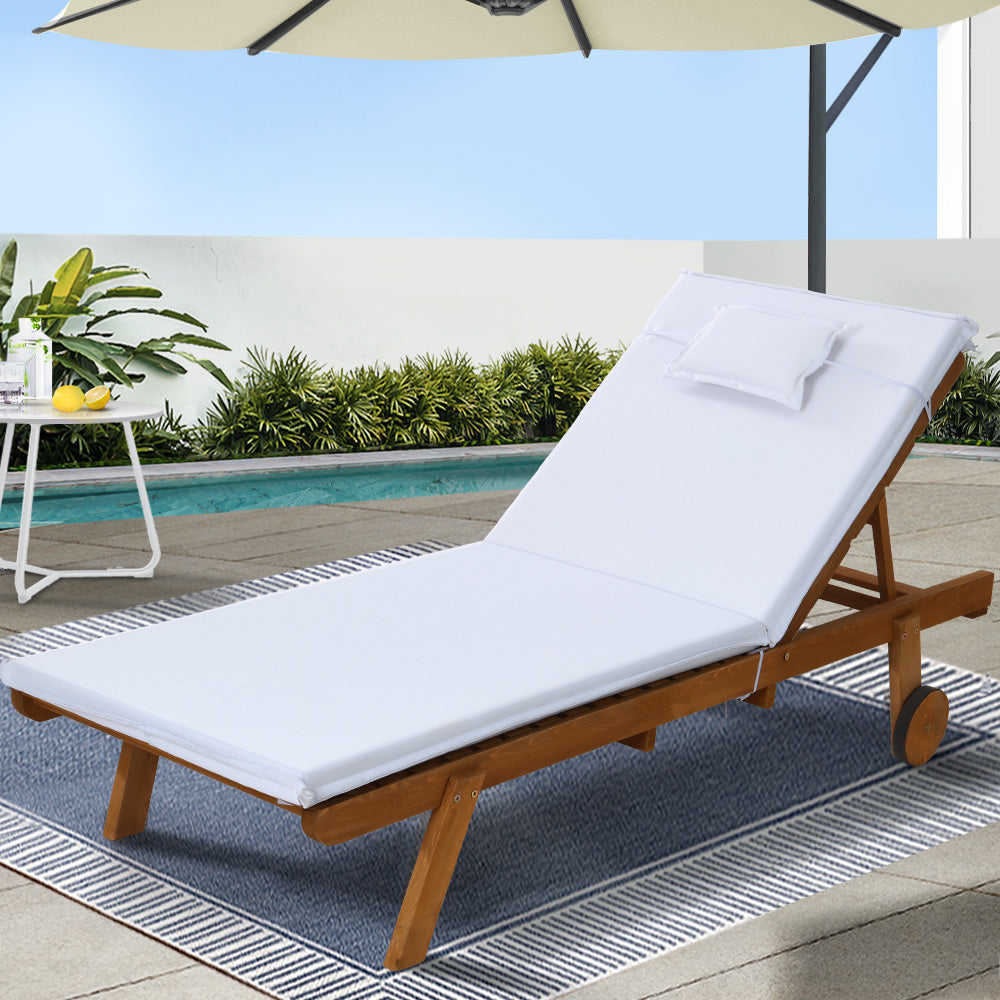 Gardeon Sun Lounge Wooden Lounger Outdoor Furniture Day Bed Wheel Patio White-7