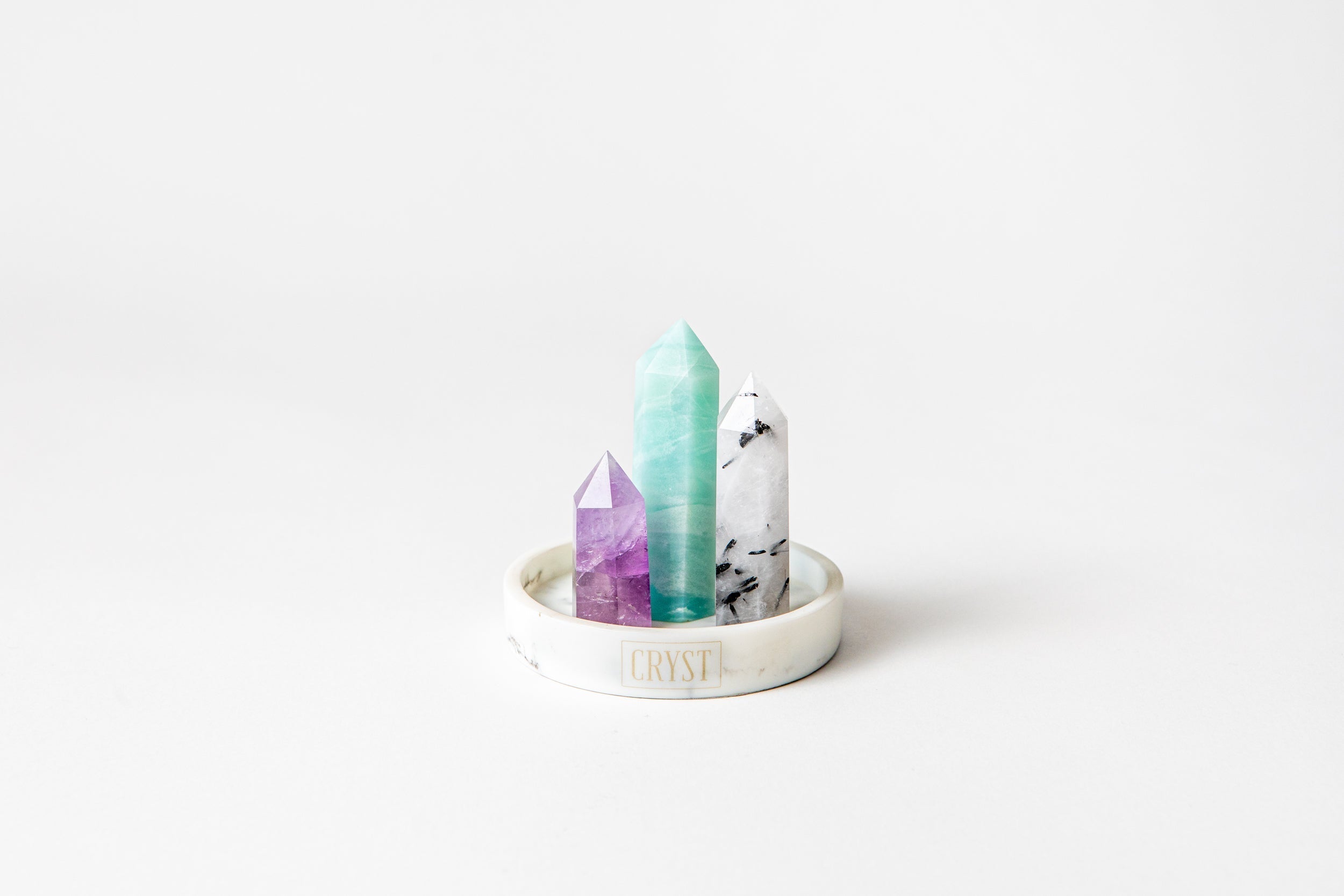 Gemini Crystal Trio - Caribbean Calcite, Tourmaline Quartz + Amethyst-1