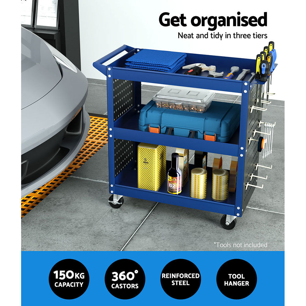 Giantz 3-Tier Tool Trolley Cart Workshop Wheels Mobile Work Mechanic Storage Blue-3