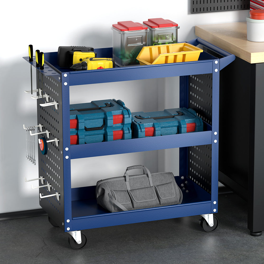 Giantz 3-Tier Tool Trolley Cart Workshop Wheels Mobile Work Mechanic Storage Blue-6