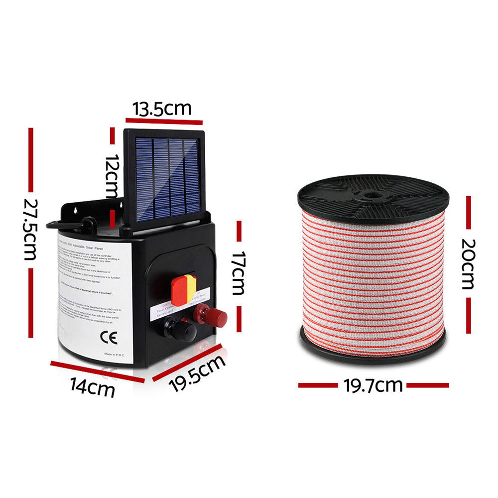 Giantz 3km Solar Electric Fence Energiser Charger with 400M Tape and 25pcs Insulators-1