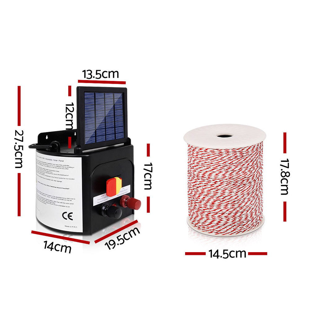 Giantz 3km Solar Electric Fence Energiser Charger with 500M Tape and 25pcs Insulators-1