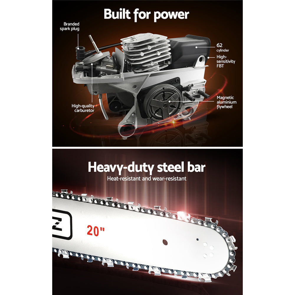 Giantz 62CC Chainsaw Commercial Petrol 20" Bar E-Start 20 Bar Pruning Chain Saw-5