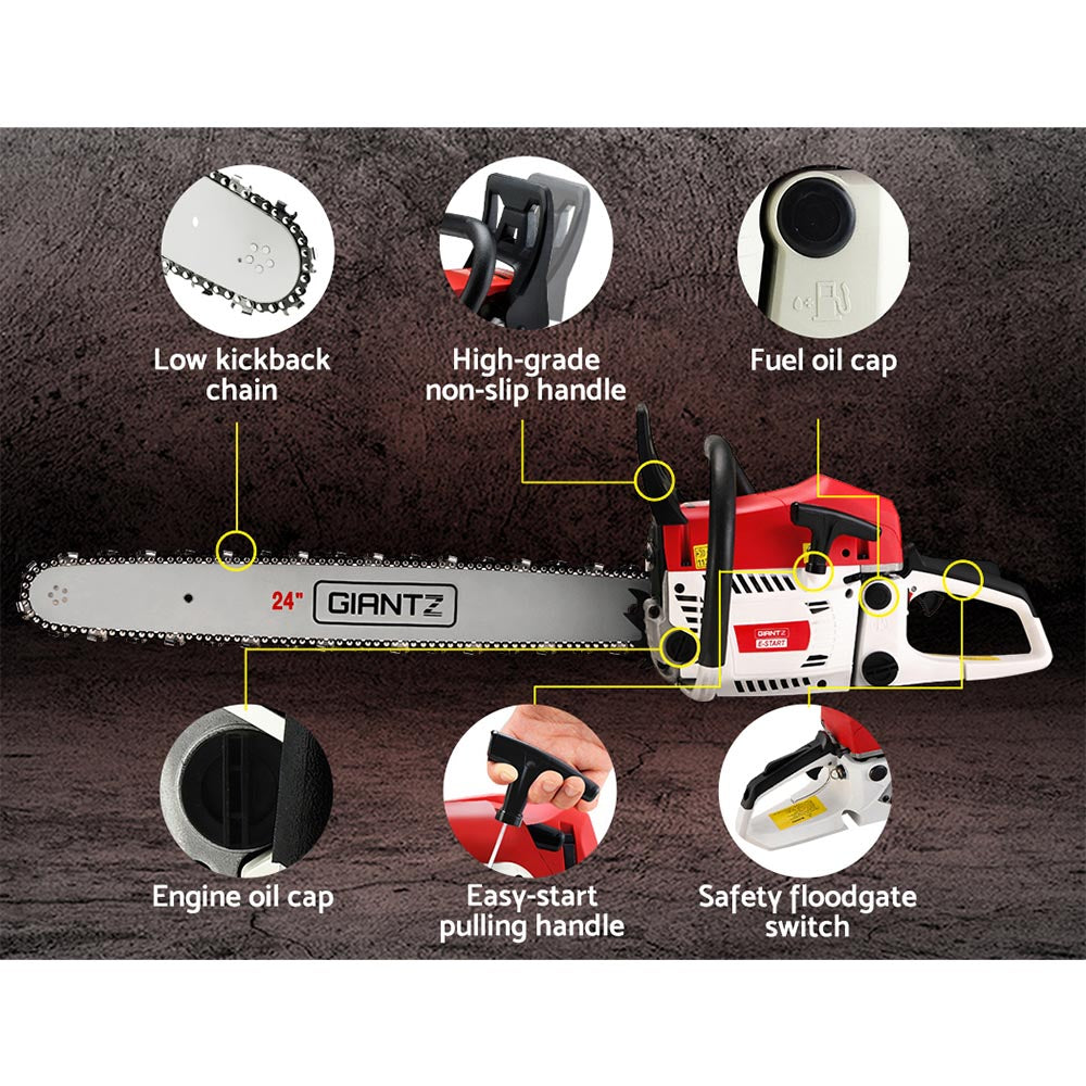 Giantz 62cc Chainsaw Petrol Commercial 24" Bar E-Start Tree Chain Saw 5.2HP-6