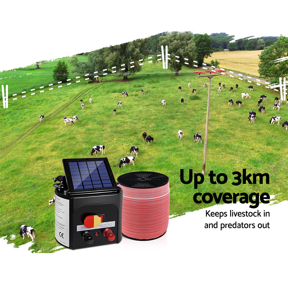 Giantz Electric Fence Energiser 3km Solar Powered Charger Set + 2000m Tape-3