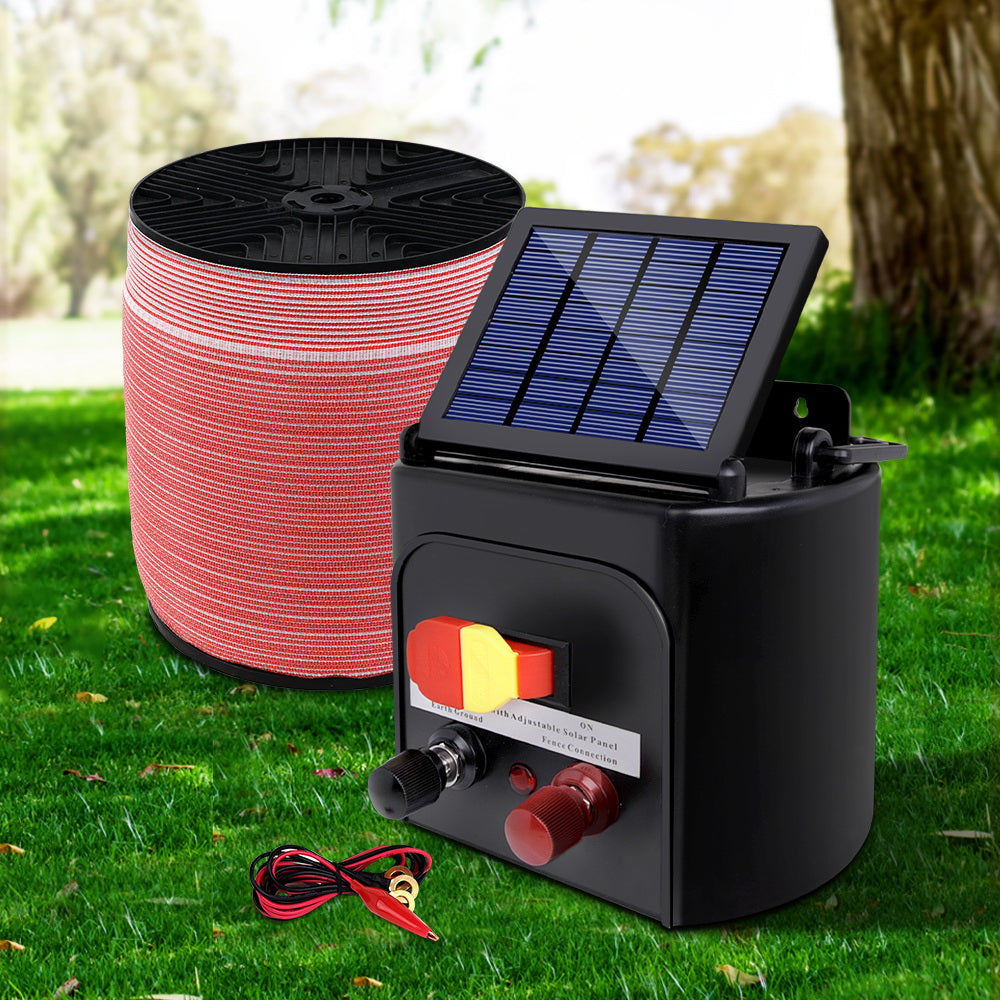 Giantz Electric Fence Energiser 3km Solar Powered Energizer Set + 1200m Tape-6