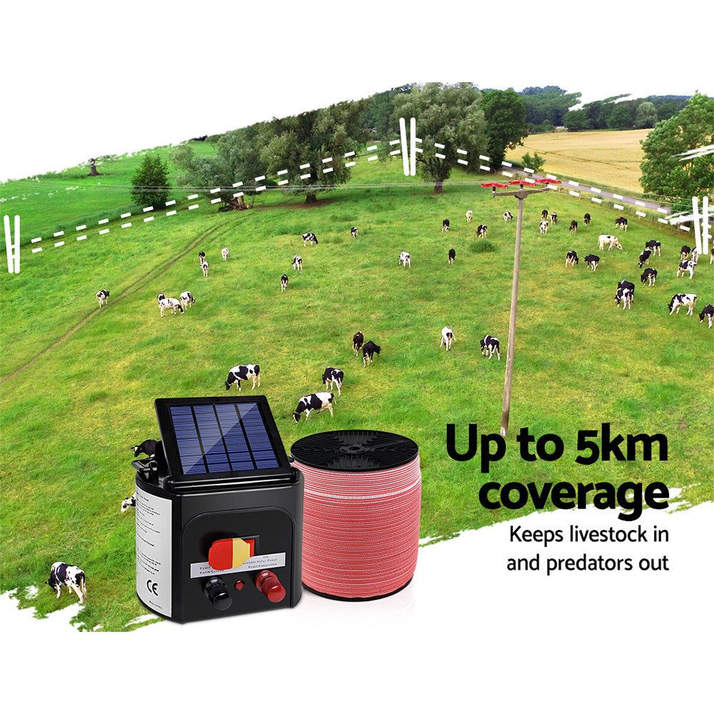 Giantz Electric Fence Energiser 5km Solar Power Charger Set + 2000m Tape-3