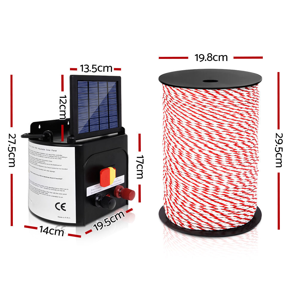 Giantz Electric Fence Energiser 5km Solar Powered Charger + 500m Rope-1