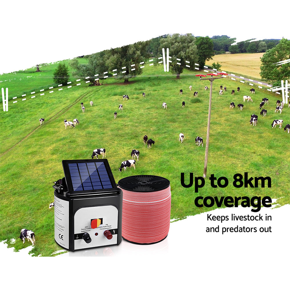 Giantz Electric Fence Energiser 8km Set Solar Powered Energizer + 2000m Tape-3