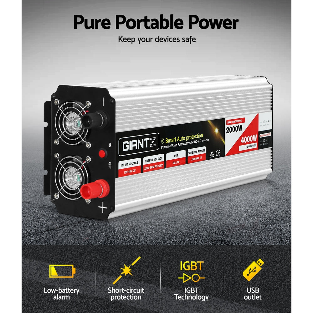 Giantz Power Inverter 2000W or 4000W Pure Sine Wave 12V-240V Camping Boat Caravan-4