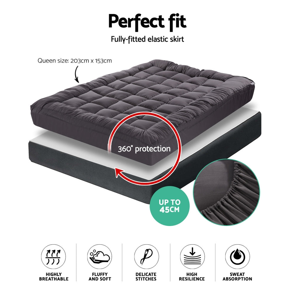Giselle Queen Mattress Topper Pillowtop 1000GSM Charcoal Microfibre Bamboo Fibre Filling Protector-1