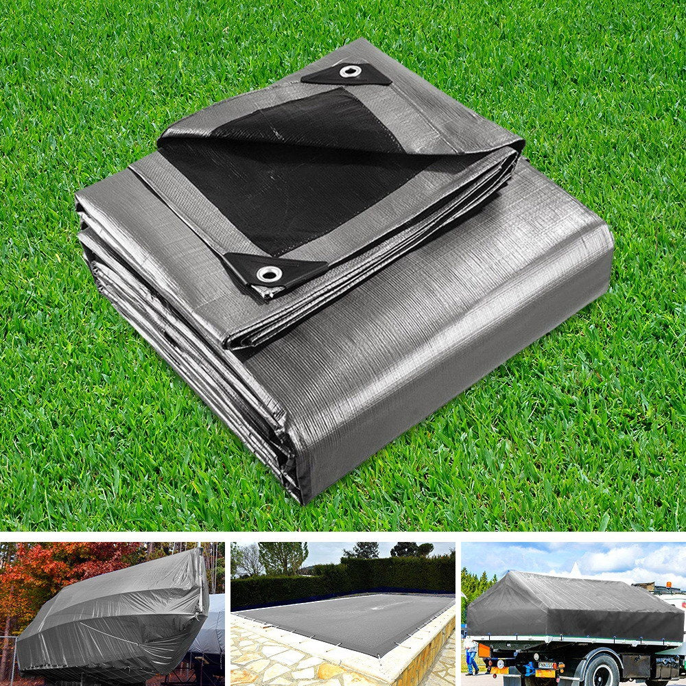 Instahut 7.3x9m Tarp Camping Tarps Poly Tarpaulin Heavy Duty Cover 180gsm Silver-6