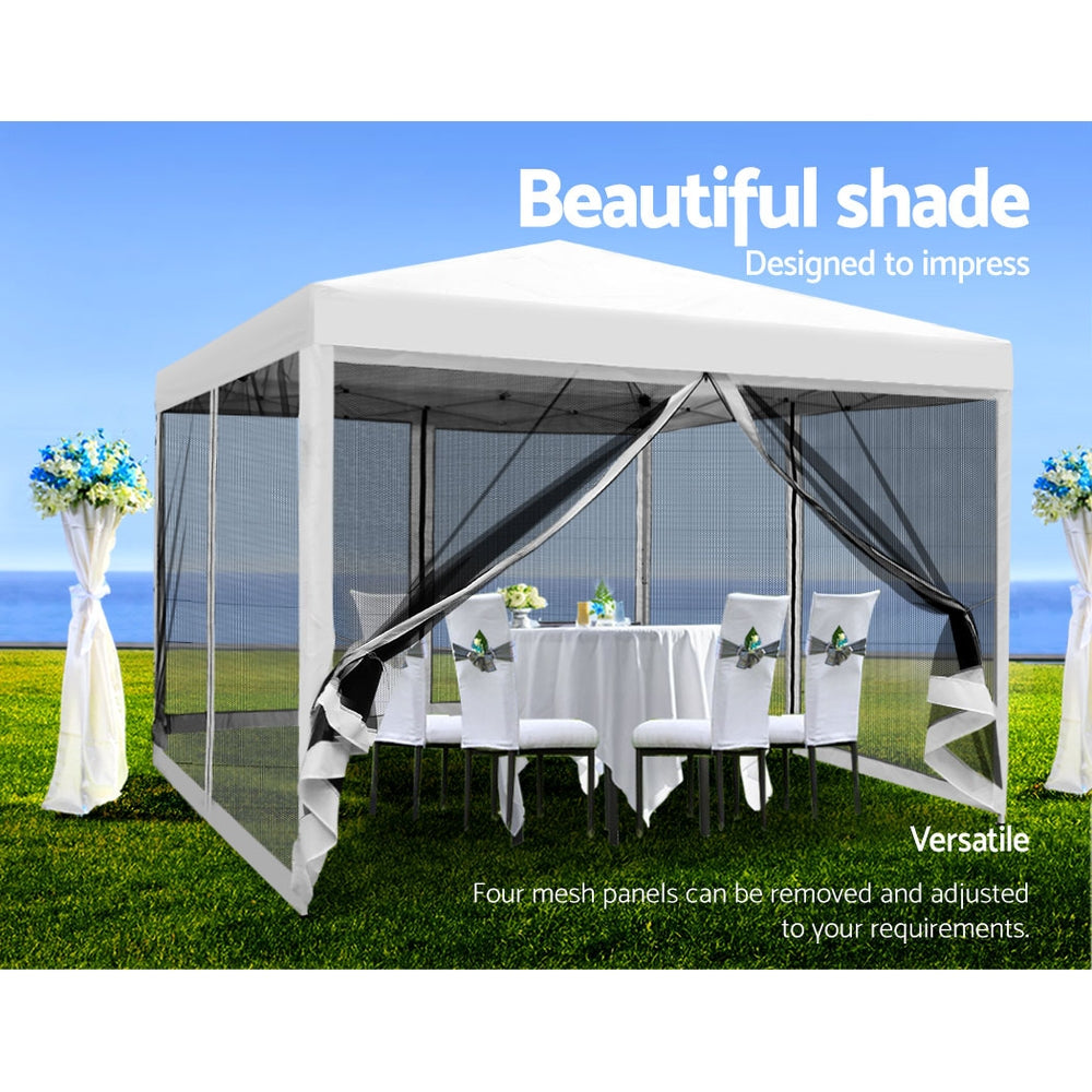 Instahut Gazebo Pop Up Marquee 3x3 Wedding Side Mesh Wall Outdoor Gazebos White-4