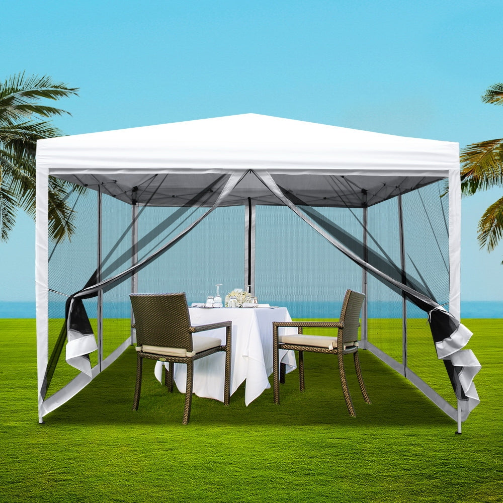 Instahut Gazebo Pop Up Marquee 3x3 Wedding Side Mesh Wall Outdoor Gazebos White-7