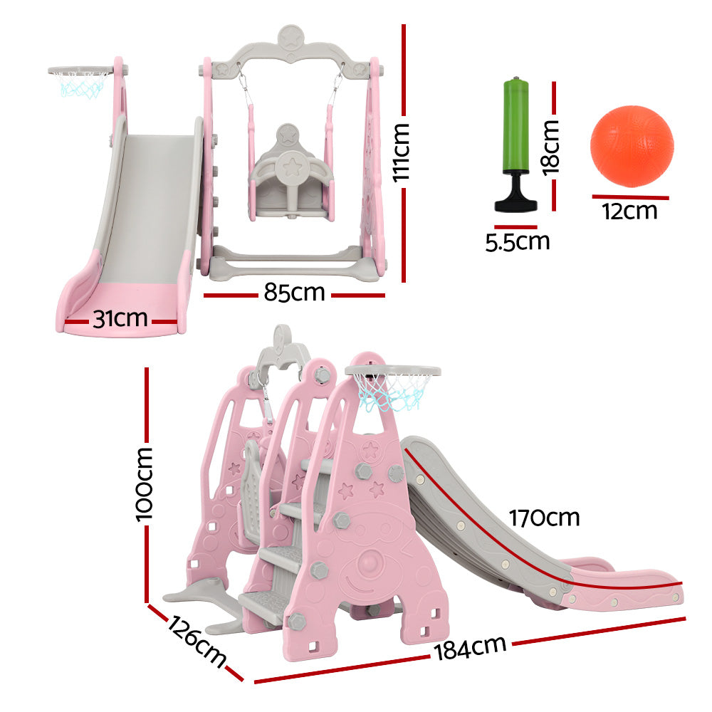 Keezi Kids Slide 170cm Extra Long Swing Basketball Hoop Toddlers PlaySet Pink-1