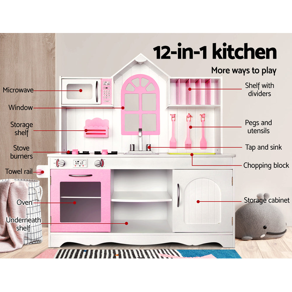 Keezi Kids Wooden Kitchen Play Set - White & Pink-2