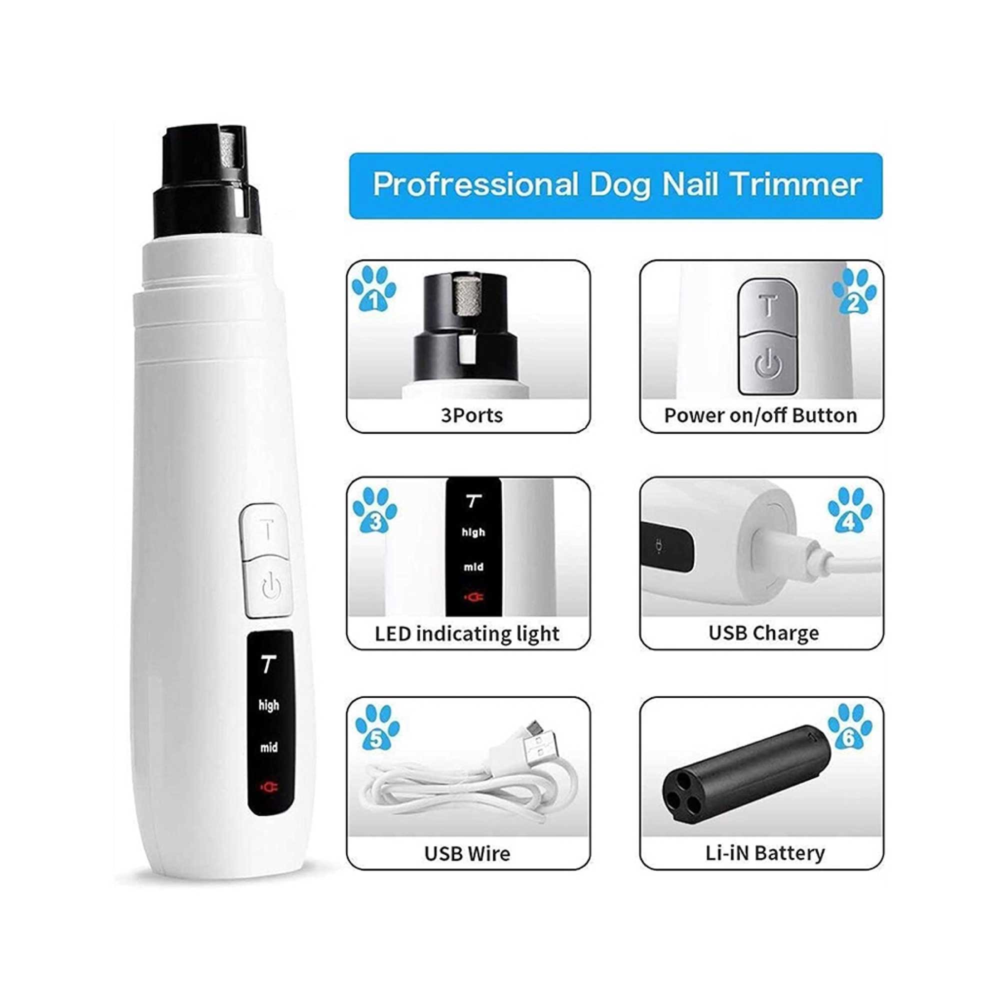 Pet Nail Grinder Dog Cat Electric Trimmer Turbo USB Rechargeable Claw Filer N9-3