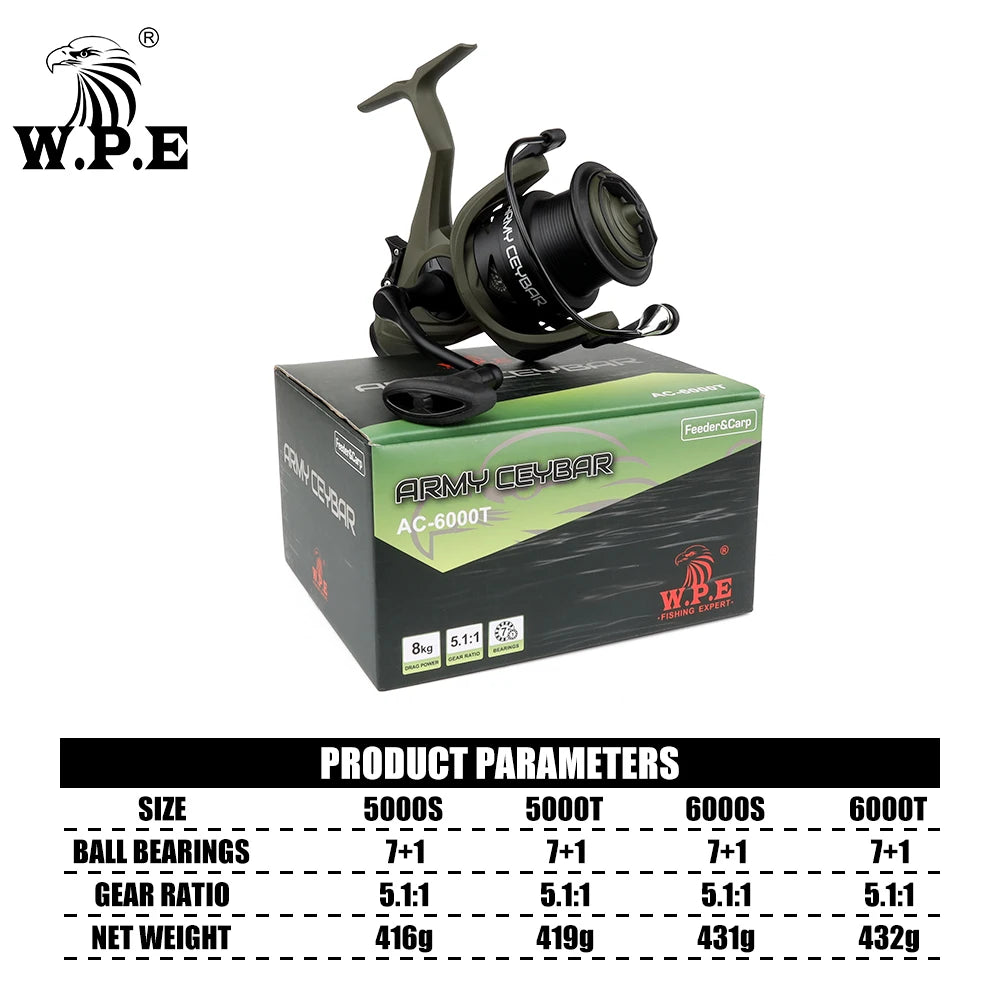 W.P.E AC Spinning Reel 5000/6000 Ball Bearings 7+1 High Gear Ratio 5.1:1 Carp Feeder Fishing Reel Full Matel Line Spool Tackle