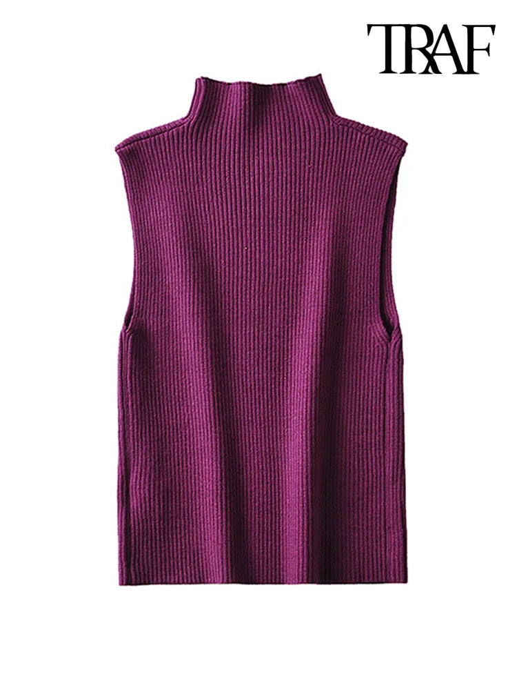 TRAF Women Fashion Fitted Basic Ribbed Knit Tank Tops Vintage High Neck Sleeveless Female Camis Chic Vest Top Mujer