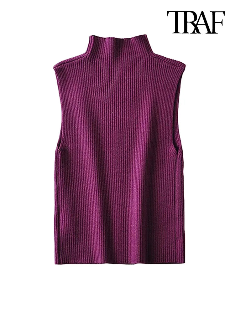 TRAF Women Fashion Fitted Basic Ribbed Knit Tank Tops Vintage High Neck Sleeveless Female Camis Chic Vest Top Mujer