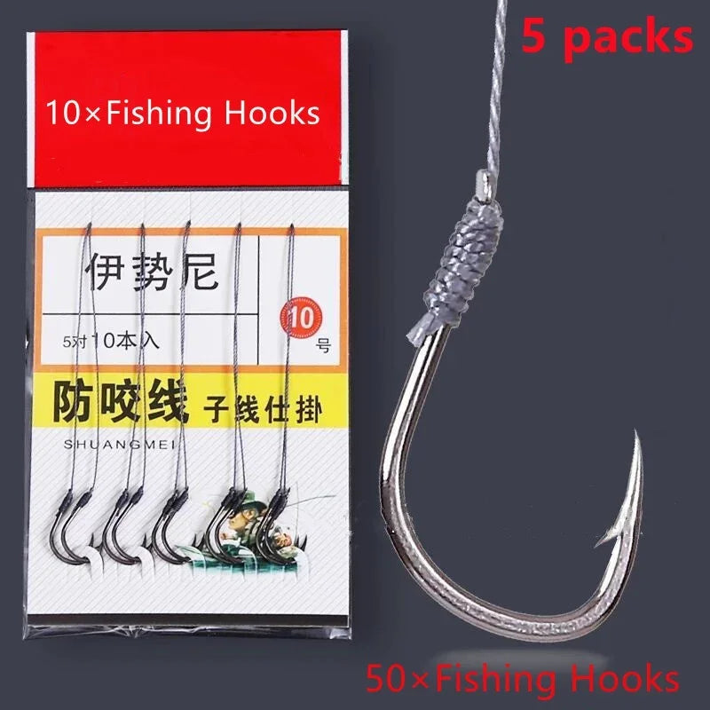 5Pack/50 Hook Fishs Tool Tied Good Strong Horse Line Double Hook Pair Hook Fishs Hooks Fishing Gear Accessories Sub-lineHooks