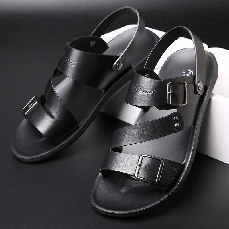 Fashion Comfortable Men's Sandals Solid Color Open Toe Mens Leather Sandals 2023 New Slippers Beach for Male Leather Footwear