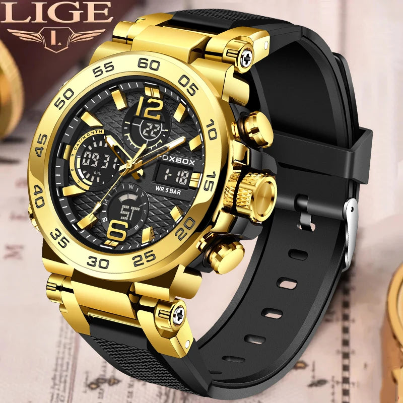 LIGE Top Luxury Watches Men Military Army Mens Watch Waterproof Sport Wristwatch Dual Display Watch Male Relogio Masculino+BOX