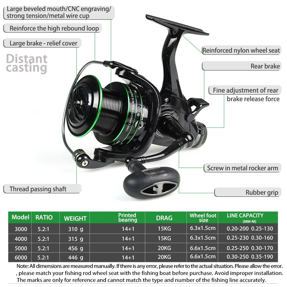 JOSBY Durable Long Throw Fishing Reel Front Rear Brakes Feeder 3000 4000 5000 6000 Wire Cup Spinning Reel Gear Ratio 5.2:1