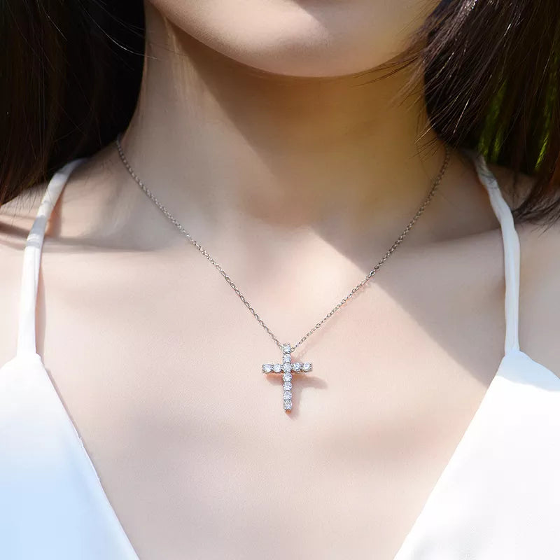 KNOBSPIN Full Moissanite Cross Pendant Necklace Original 925 Sterling Sliver Chain Plated 18k White Gold Fine Necklace for Women