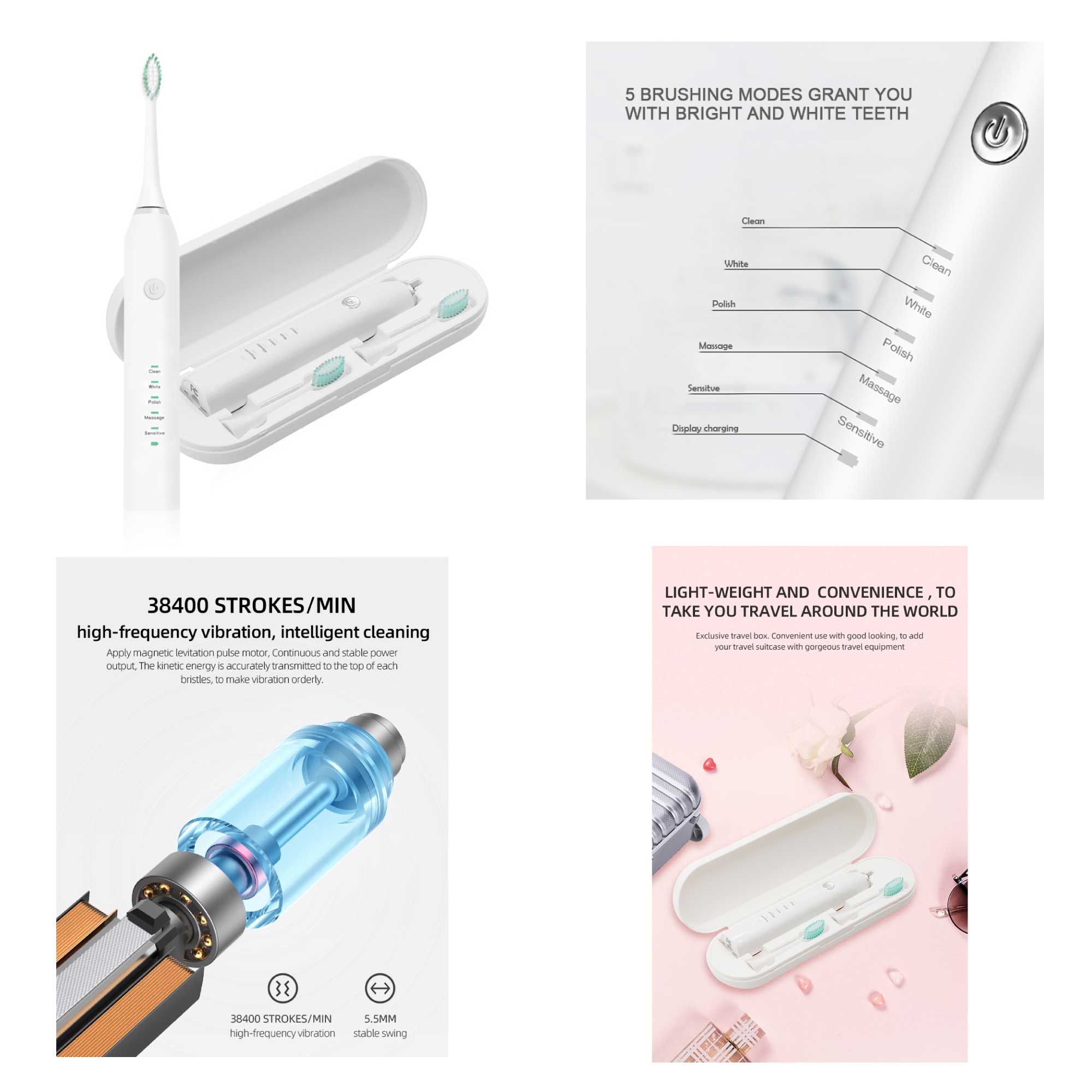 Sonic Electric Toothbrush White USB Wireless Charging Smart 5 Modes 2 Heads Case-6