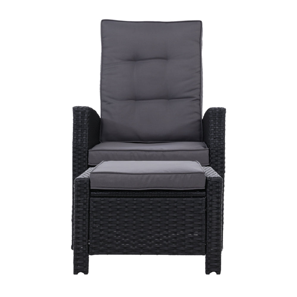 Sun lounge Recliner Chair Wicker Lounger Sofa Day Bed Outdoor Furniture Patio Garden Cushion Ottoman Black Gardeon-2